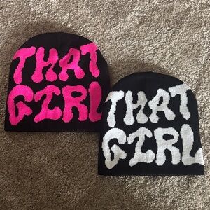 Bold 'That Girl' Beanie Set - Black with Pink and White